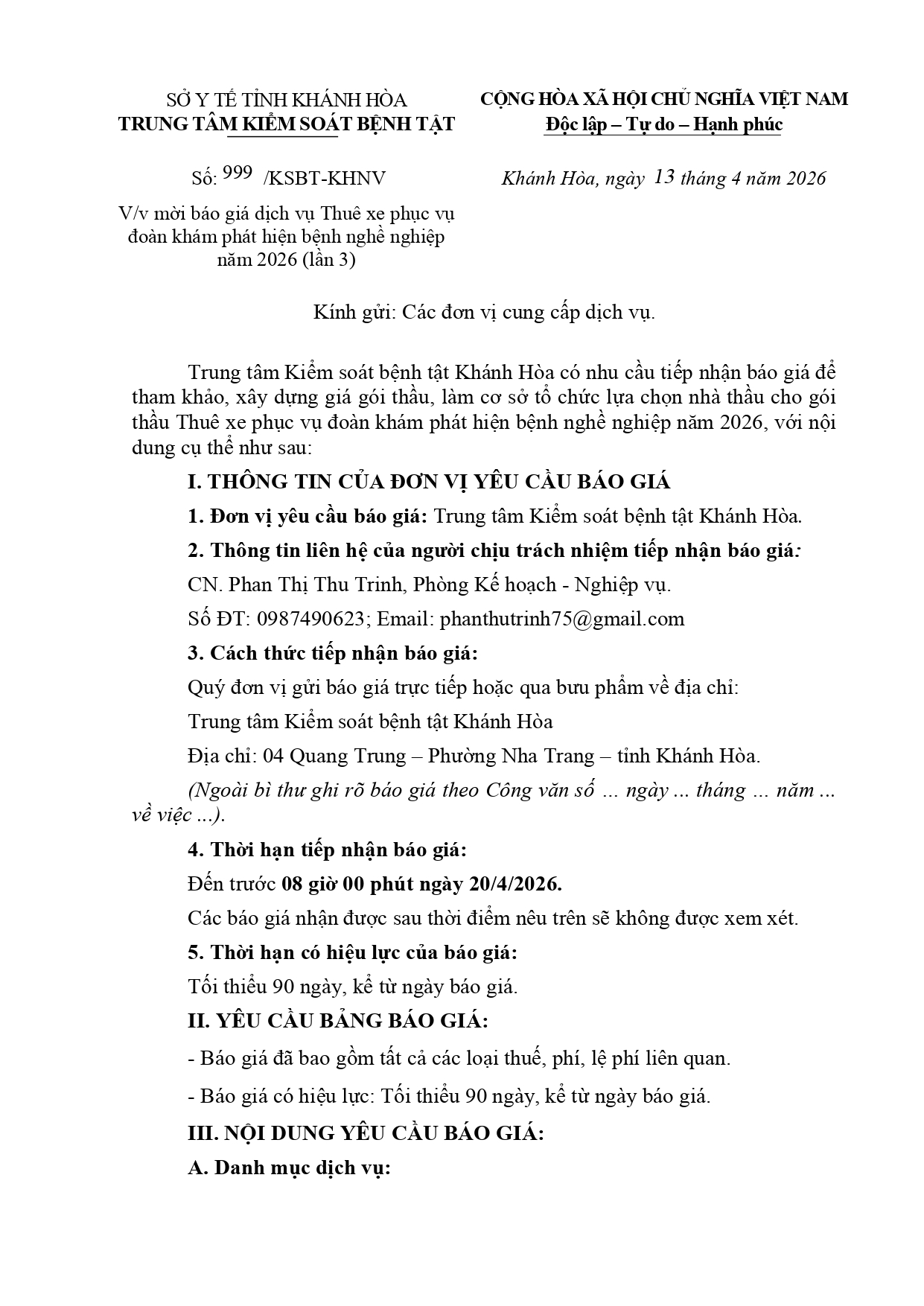 V/v mời báo giá dịch vụ Thuê xe phục vụ đoàn khám phát hiện bệnh nghề nghiệp năm 2026 (lần 3)